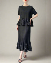 HEYFANCYSTYLE Designer Japanese Plissé Peplum Top and Midi Skirt Set